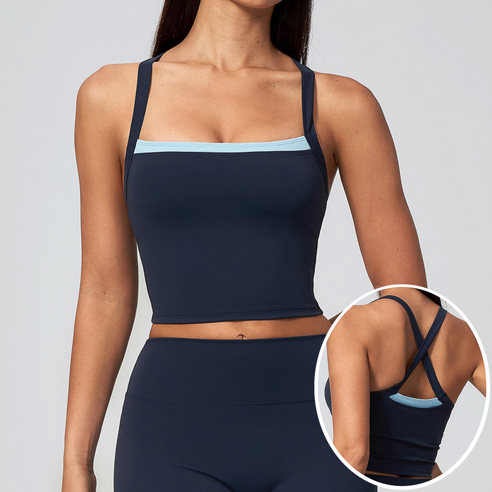 Plunge Bra Push Up - 女性用クロスバックヨガタンクトップ、プッシュアップスポーツブラ、フィットネスランニングワークアウトジムベスト、カラーブロックスポーツ下着クロップトップ