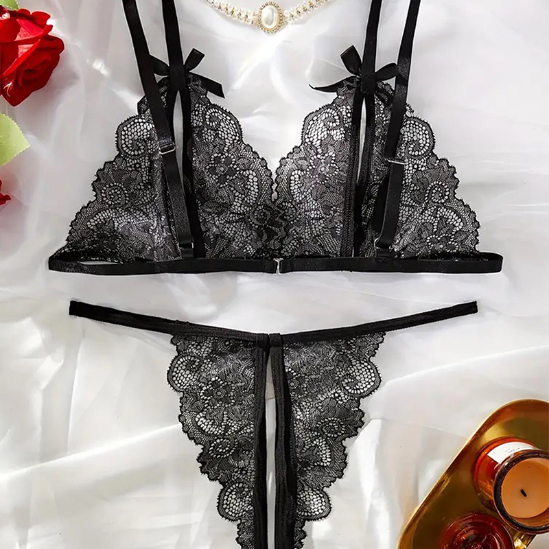 黒ホットクロッチレスセクシーな女性のレースのランジェリー誘惑 - Lace Bralette Set のレビューと価格